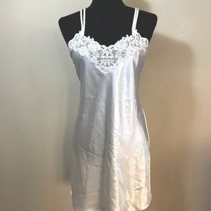 Vintage California Miss white satin slip dress with beaded lace neckline